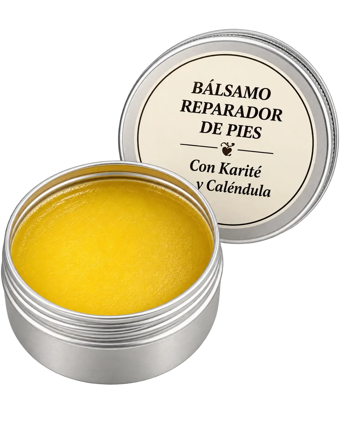Lata abierta del bálsamo reparador de pies, con el bálsamo de color dorado a la vista