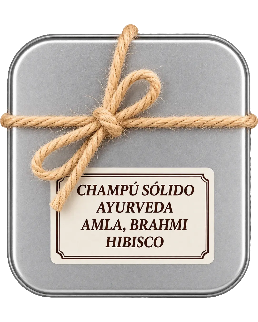 Lata cerrada del champú sólido Ayurveda con Amla, Brahmi e Hibisco, atada con cordel