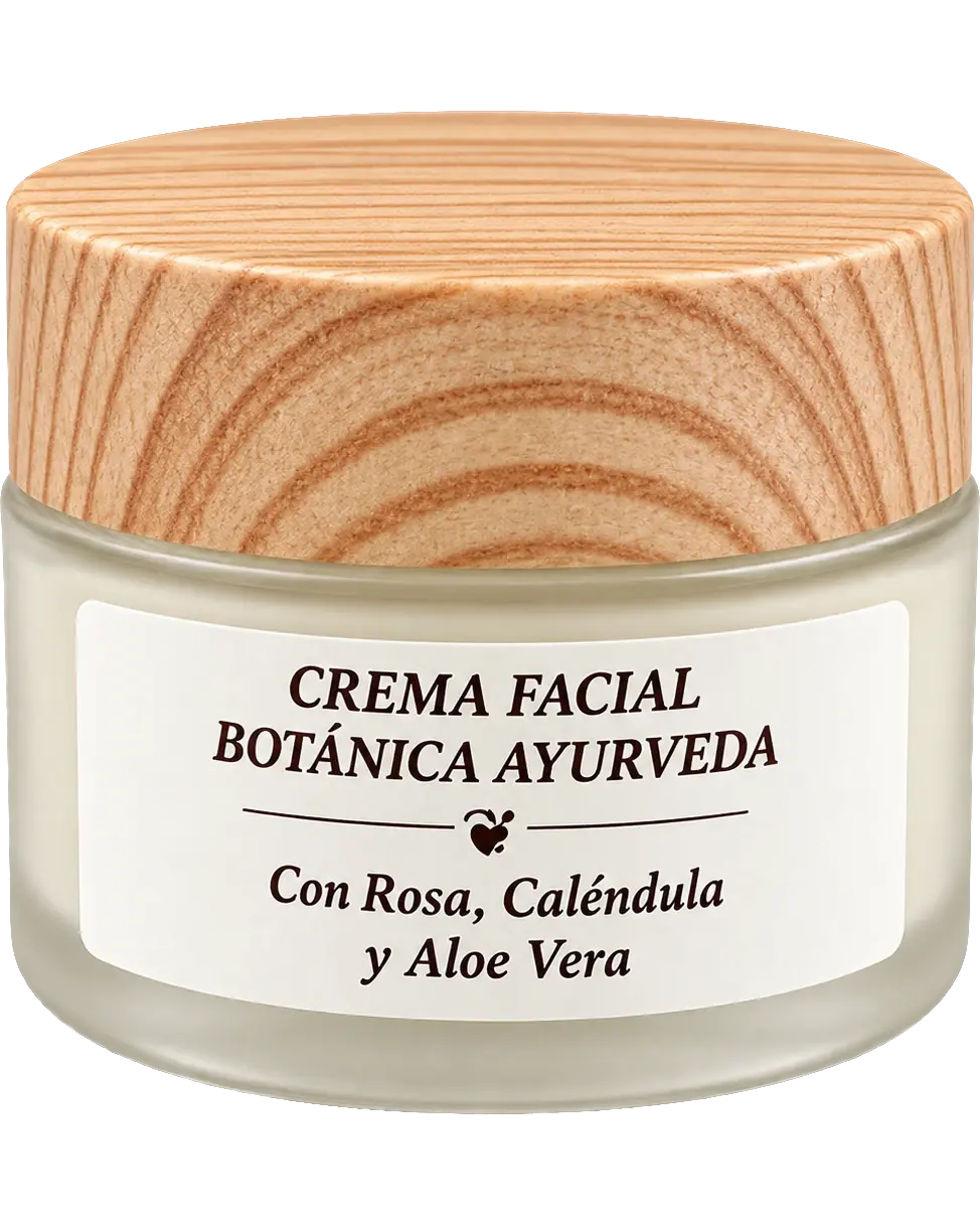 Tarro de vidrio cerrado con tapa de madera de la crema facial Botánica Ayurveda, de 50 ml