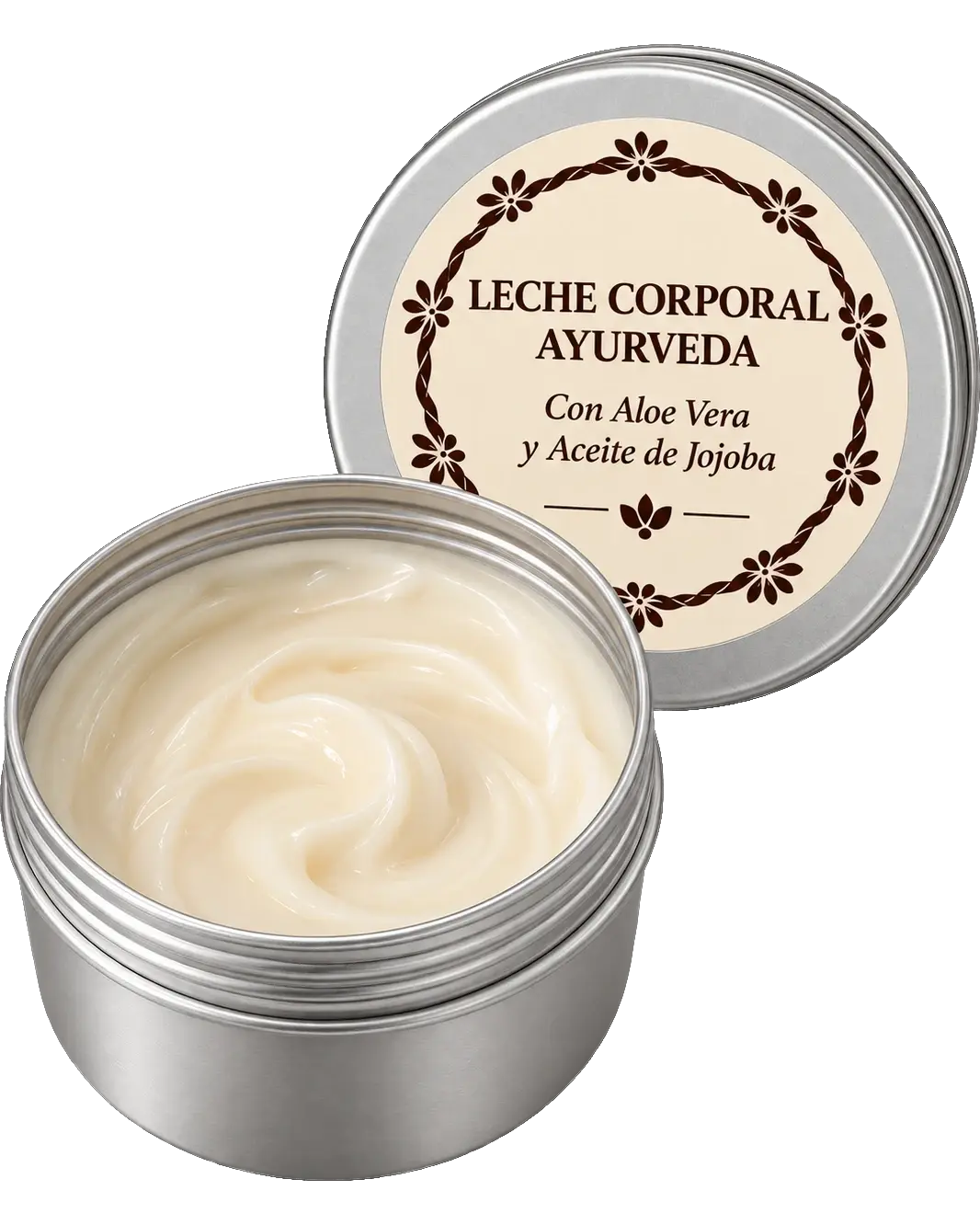 Lata abierta de la leche corporal, con la crema blanca a la vista y la tapa apoyada detrás