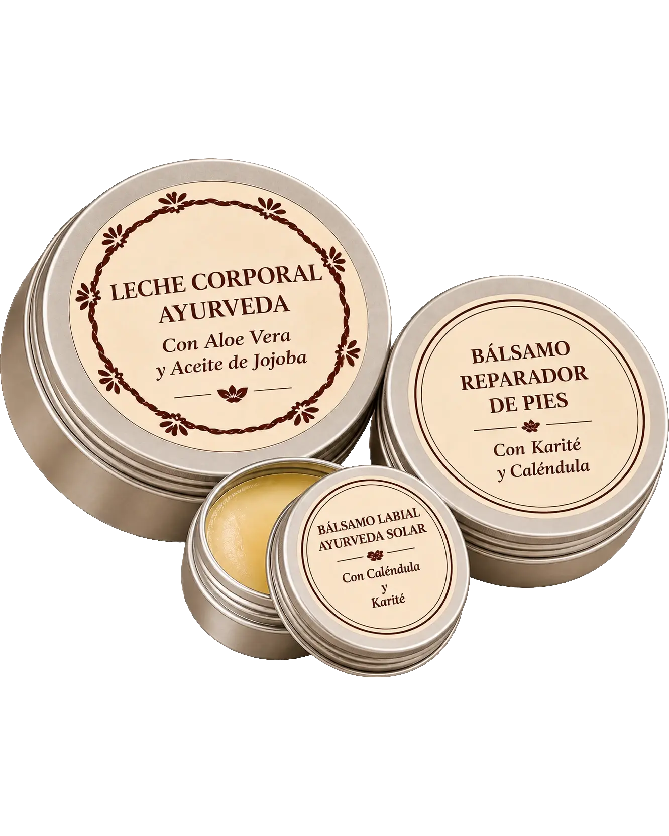 Las tres latas del pack: leche corporal, bálsamo reparador de pies y bálsamo labial